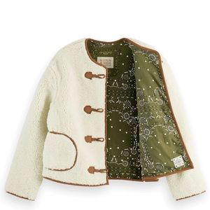 NWT SCOTCH & SODA Ivory Faux Sherpa Cropped Toggle Front Collarless Teddy Coat M